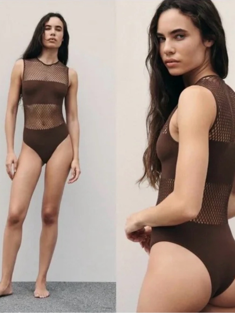Zara Womens Seamless Mesh Bodysuit Brown Size XS/S NWT
